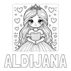 Online izdelana pobarvanka - Pobarvanka imena ALDIJANA in pobarvanka ljubke princese obdane s srčki