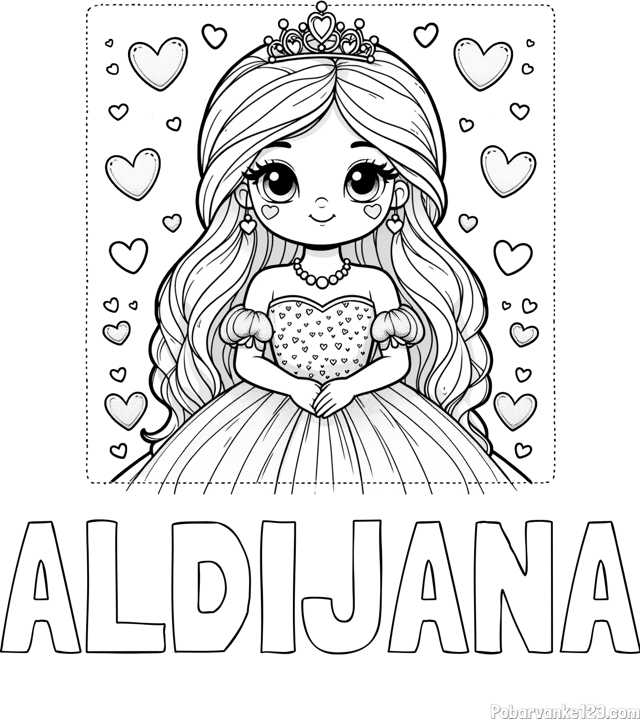 Pobarvanka imena ALDIJANA in pobarvanka ljubke princese obdane s srčki