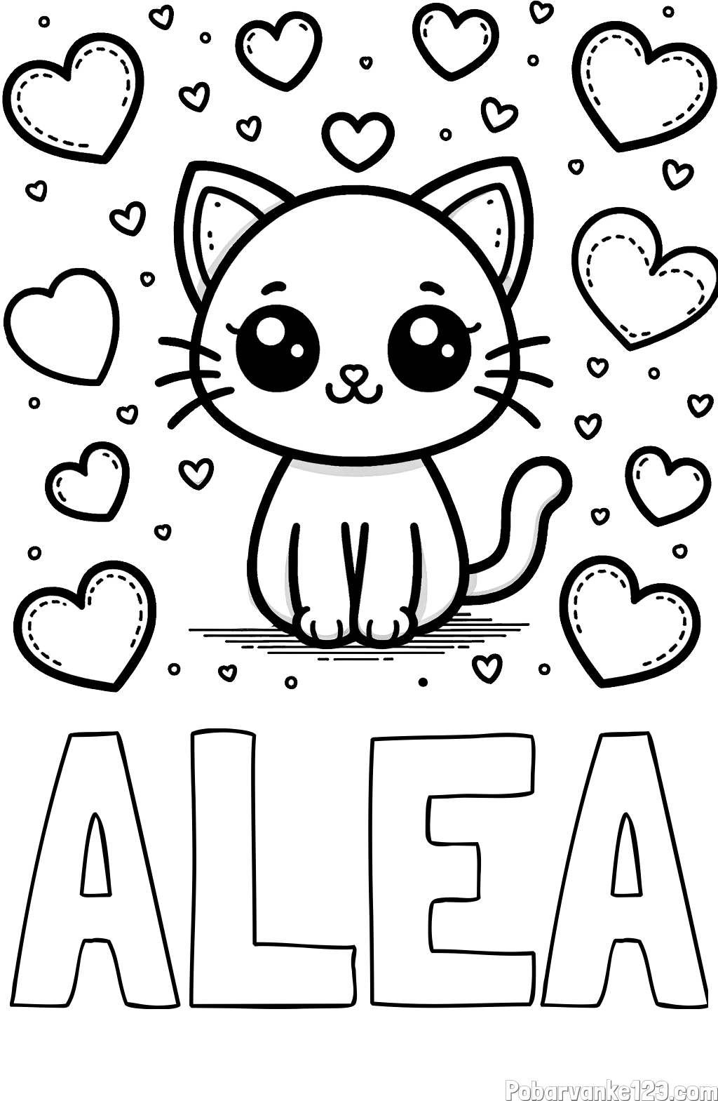 Pobarvanka imena ALEA in pobarvanka ljubke mucke obdane z veliko srčki