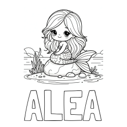 Online izdelana pobarvanka - Pobarvanka imena ALEA in pobarvanka prikupne morske deklice, ki sedi na kamnu ob obali