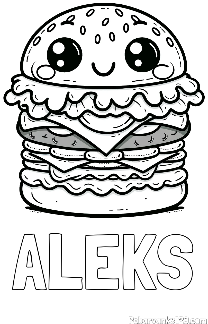 Pobarvanka imena ALEKS in otroška pobarvanka nasmejanega hamburgerja