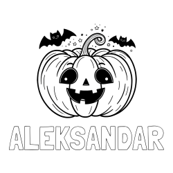 Online izdelana pobarvanka - Pobarvanka imena ALEKSANDAR in pobarvanka nasmejane buče ter dveh netopirjev za noč čarovnic