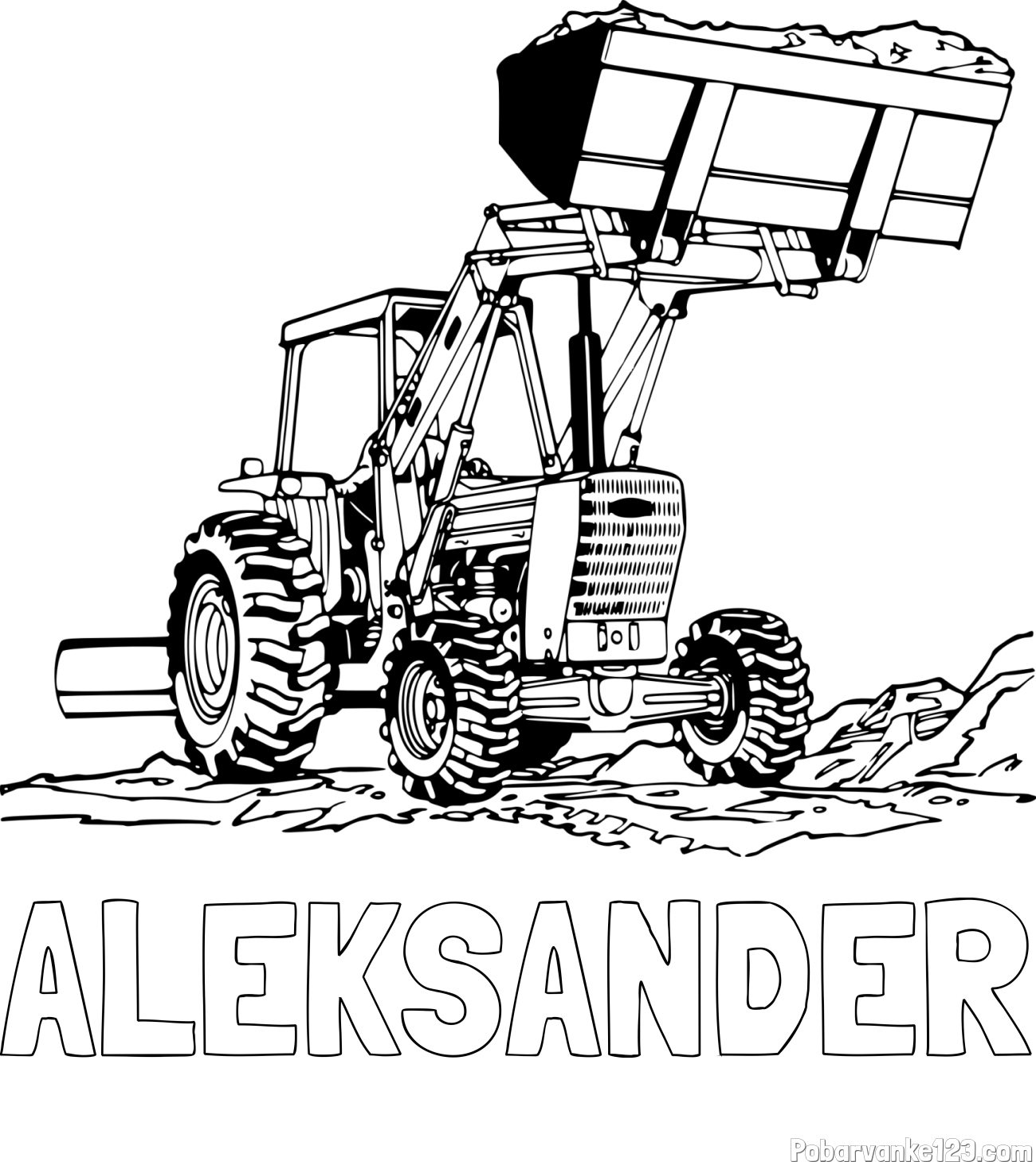 Pobarvanka imena ALEKSANDER in pobarvanka velikega traktorja med prenosom zemljine