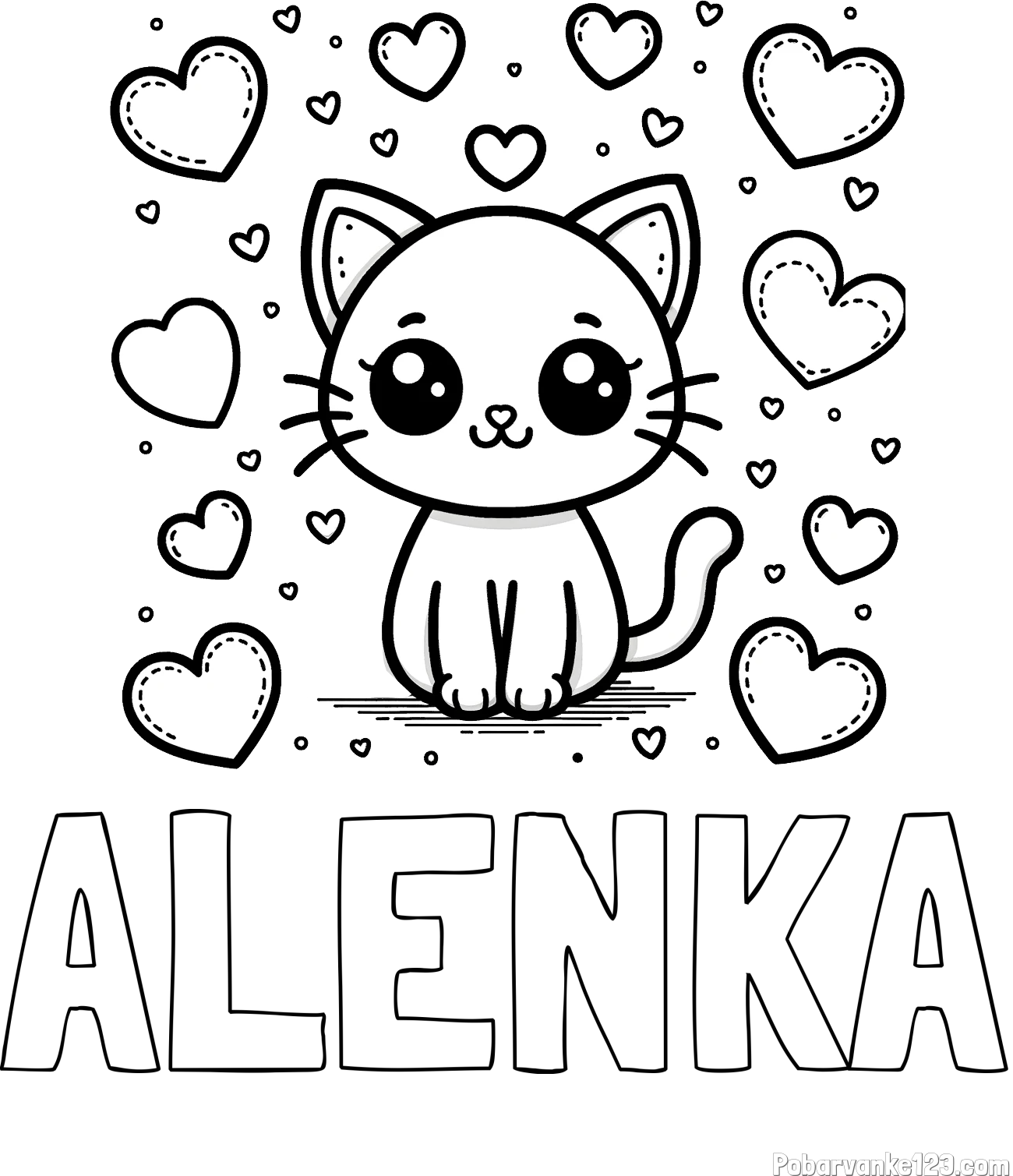 Pobarvanka imena ALENKA in pobarvanka ljubke mucke obdane z veliko srčki