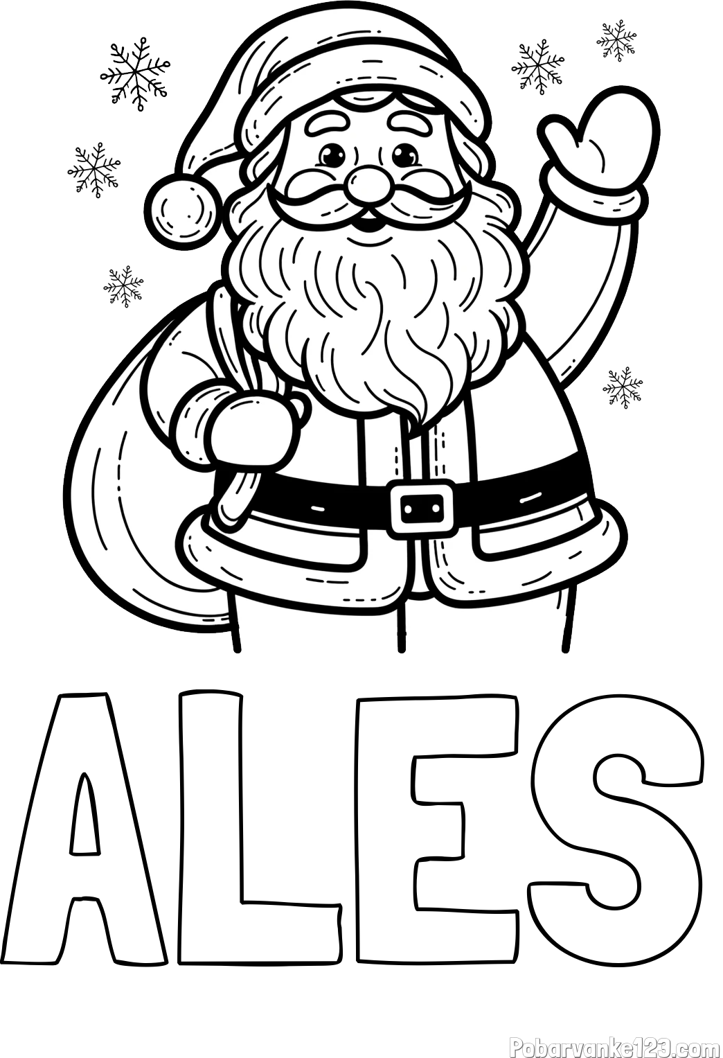 Pobarvanka imena ALEŠ in pobarvanka nasmejanega Božička s polno vrečo daril