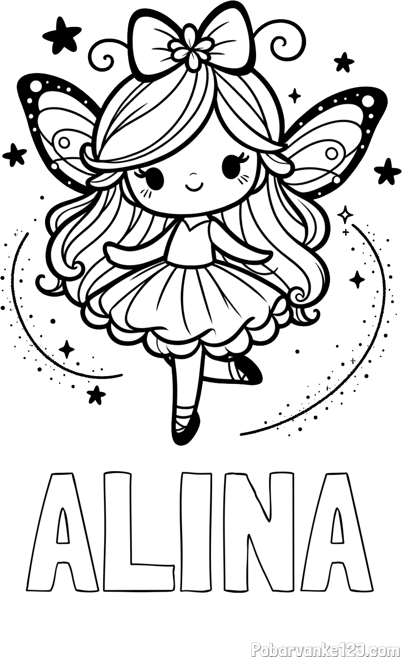 Pobarvanka imena ALINA in ljubka čarobna vila