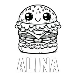 Pobarvanka imena ALINA in otroška pobarvanka nasmejanega hamburgerja