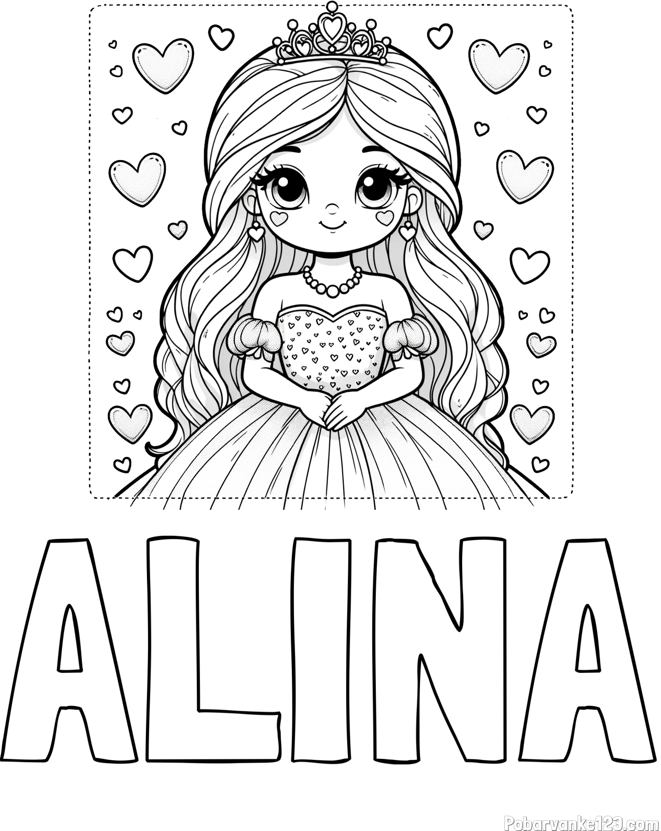 Pobarvanka imena ALINA in pobarvanka ljubke princese obdane s srčki