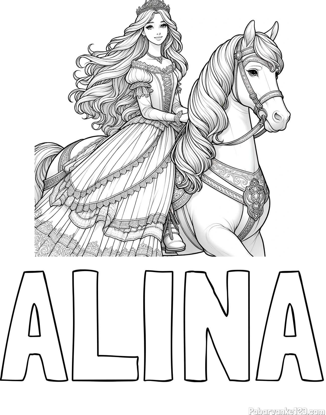 Pobarvanka imena ALINA in pobarvanka nasmejana princese na konju