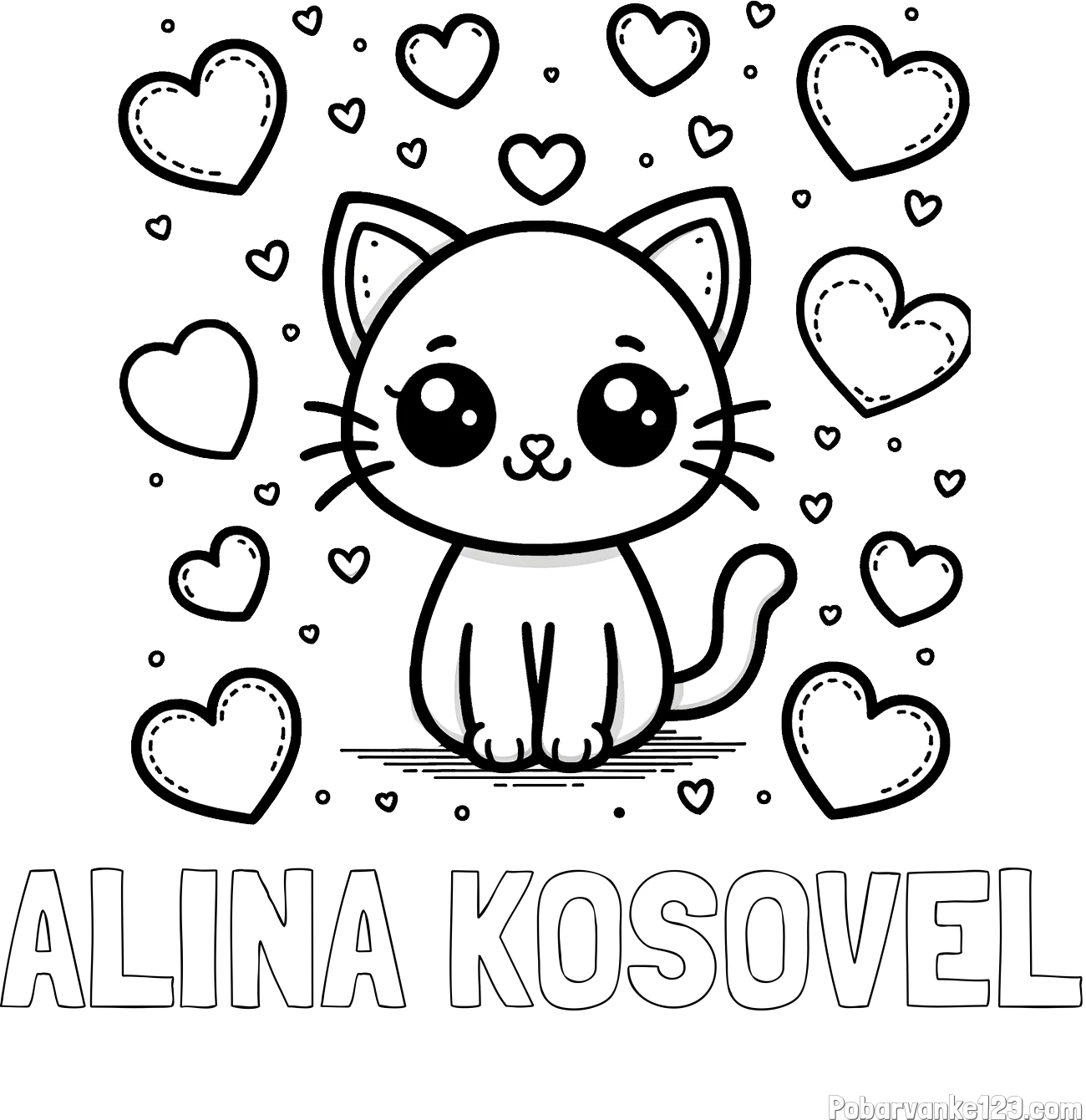 Pobarvanka imena ALINA KOSOVEL in pobarvanka ljubke mucke obdane z veliko srčki