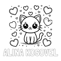 Online izdelana pobarvanka - Pobarvanka imena ALINA KOSOVEL in pobarvanka ljubke mucke obdane z veliko srčki