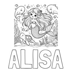 Online izdelana pobarvanka - Pobarvanka imena ALISA in pobarvana ljubke morske deklice s prijatelji