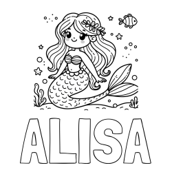Online izdelana pobarvanka - Pobarvanka imena ALISA in pobarvanka ljubke morske deklice v morju