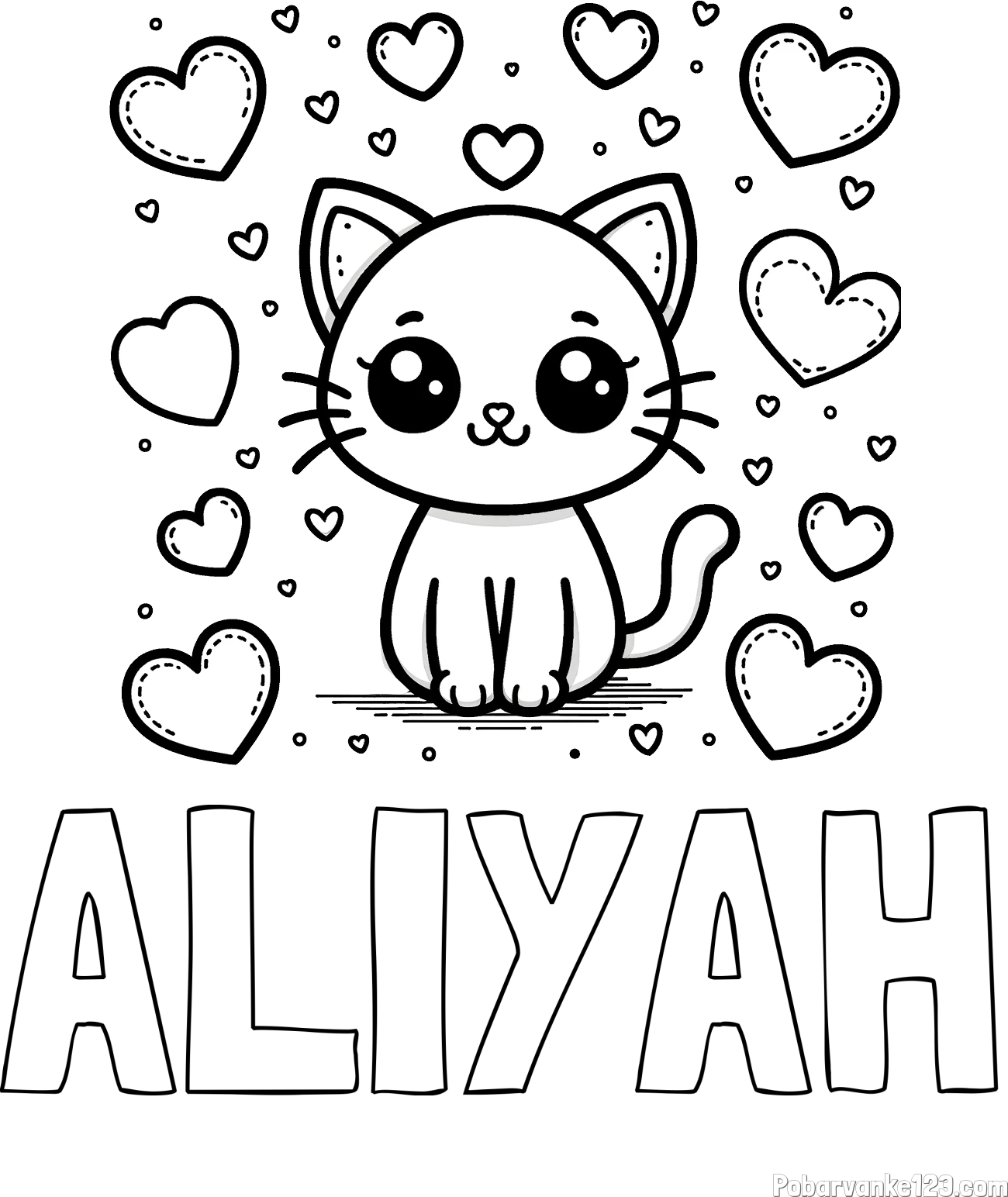 Pobarvanka imena ALIYAH in pobarvanka ljubke mucke obdane z veliko srčki