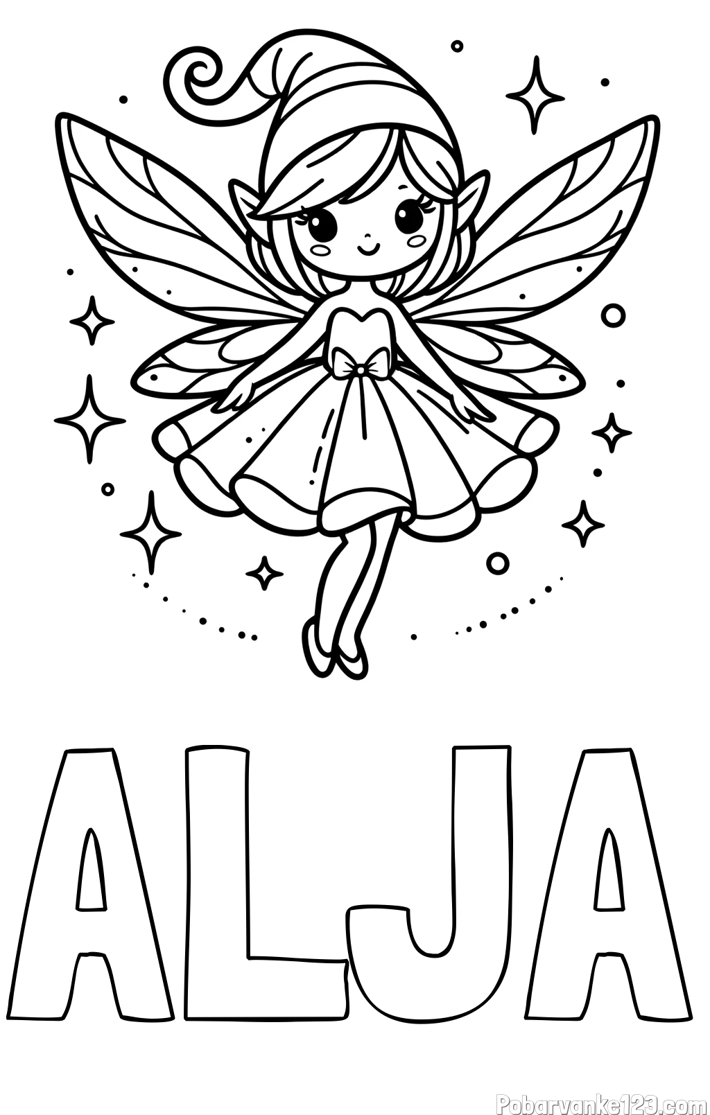 Pobarvanka imena ALJA in otroška pobarvanka čudovite vile