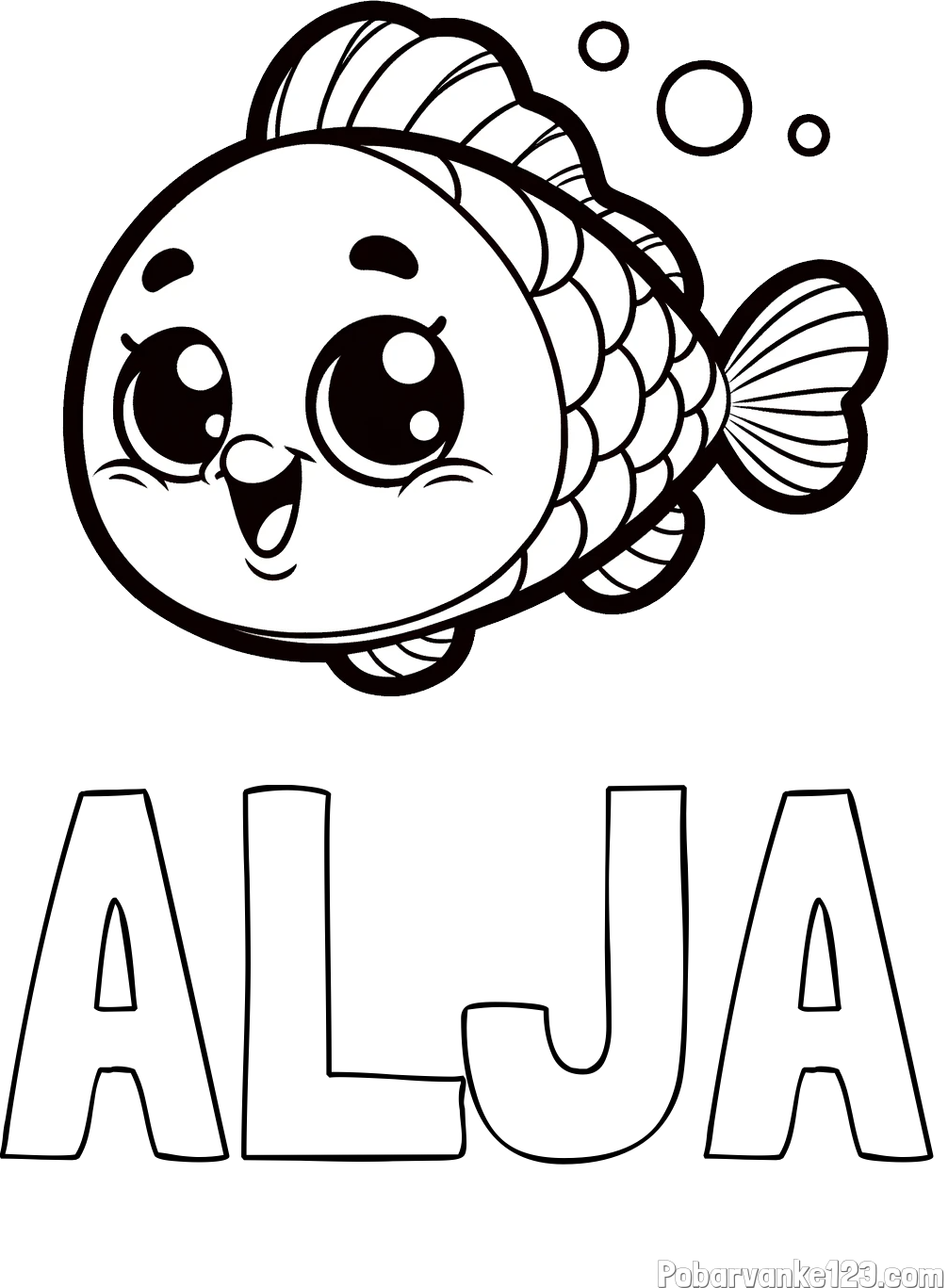 Pobarvanka imena ALJA in otroška pobarvanka nasmejane ribe