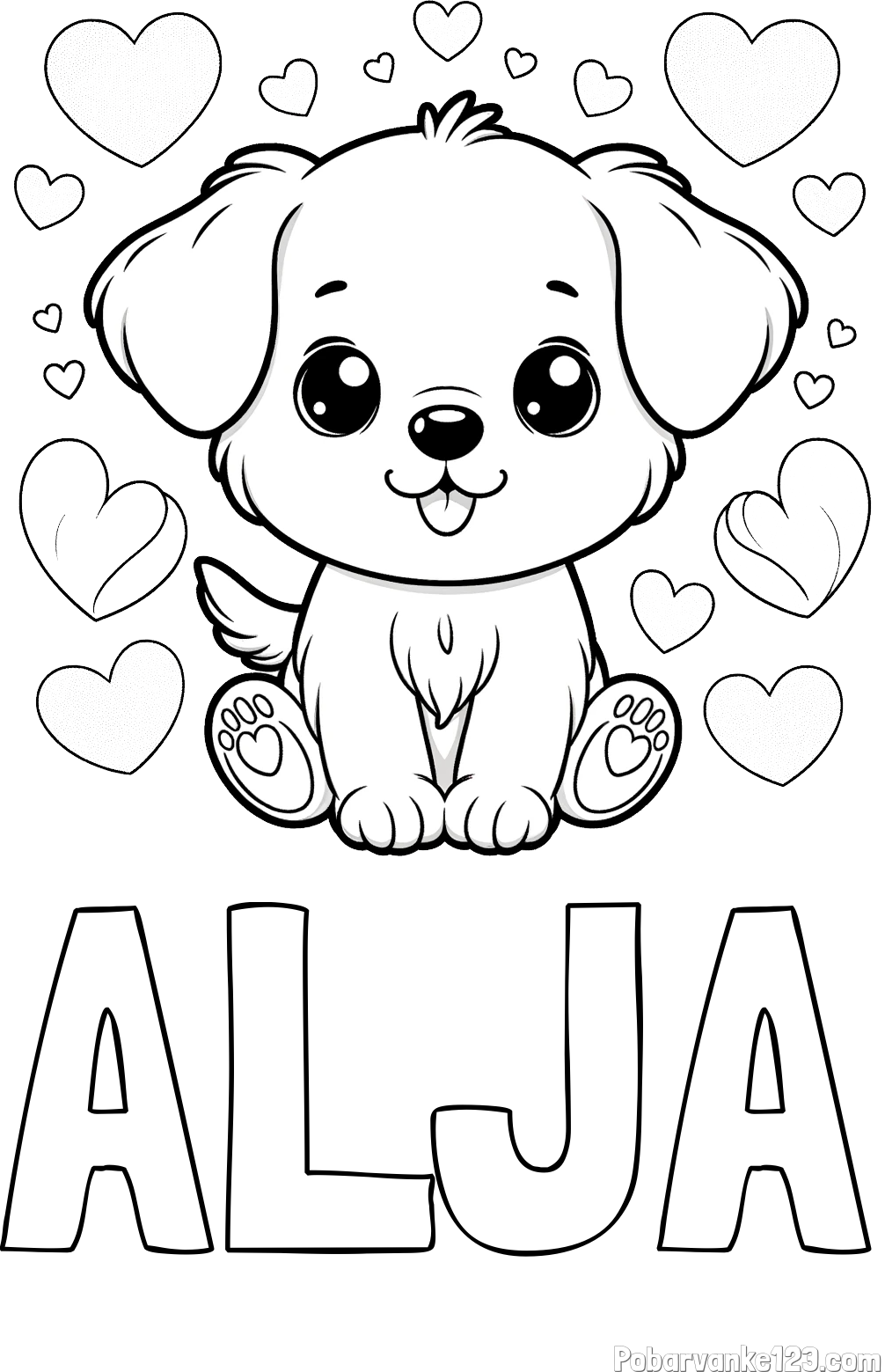 Pobarvanka imena ALJA in pobarvanka ljubkega kužka obdanega s srčki