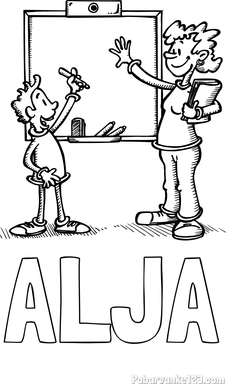 Pobarvanka imena ALJA in pobarvanka učiteljice in učenca pred tablo