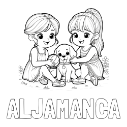 Online izdelana pobarvanka - Pobarvanka imena ALJAMANCA in pobarvanka prijateljic s kužkom