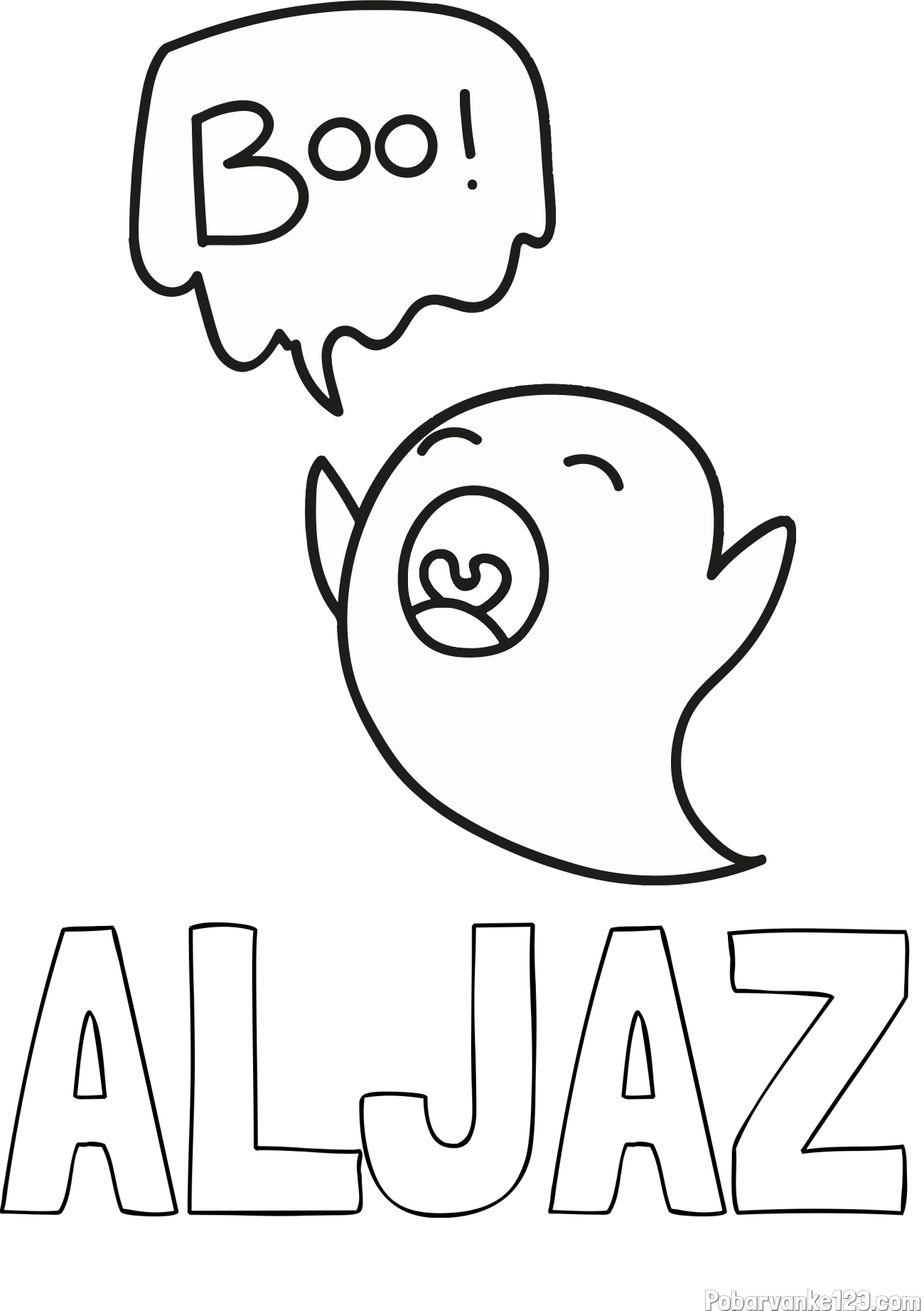Pobarvanka imena ALJAŽ in pobarvanka duhca z napisom Boo!