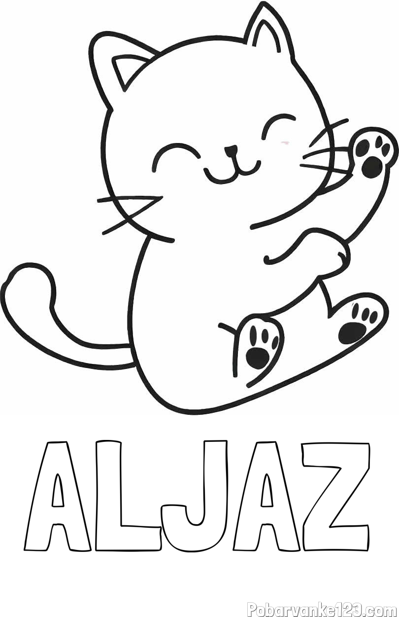 Pobarvanka imena ALJAŽ in pobarvanka razigranega mucka