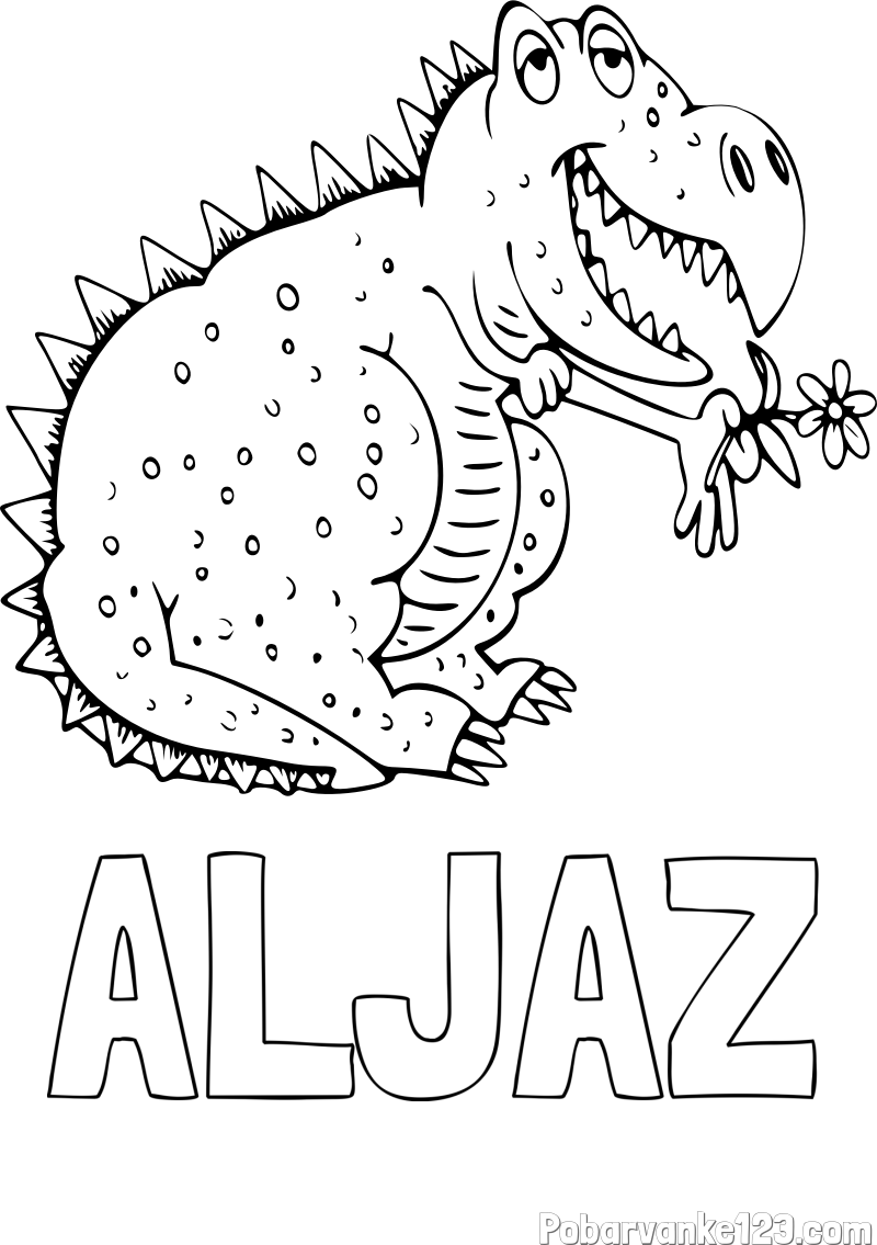 Pobarvanka imena ALJAZ in pobarvanka veselega dinozavra