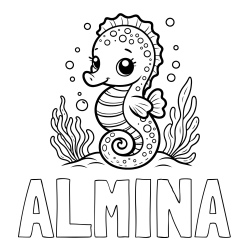 Online izdelana pobarvanka - Pobarvanka imena ALMINA in pobarvanka morskega konjička