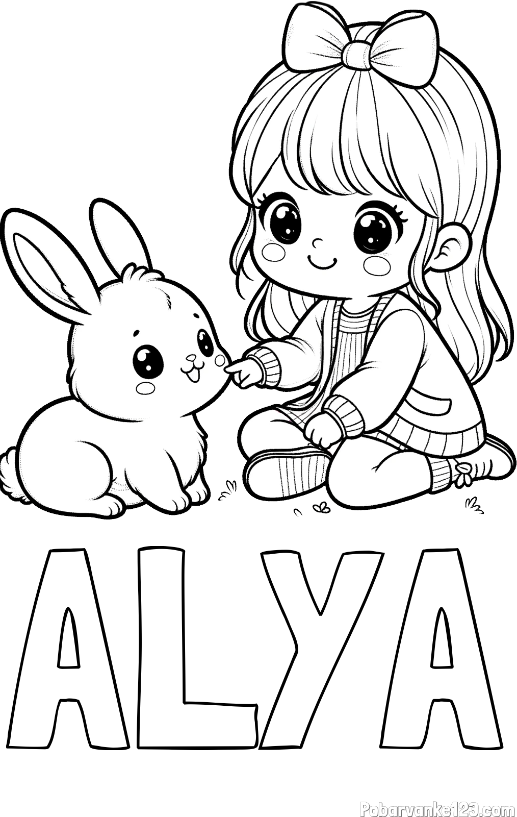 Pobarvanka imena ALYA in pobarvanka ljubke punčke, ki se igra z zajčkom