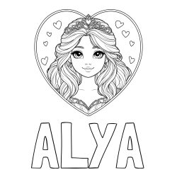 Online izdelana pobarvanka - Pobarvanka imena ALYA in pobarvanka princeske ter srčkov