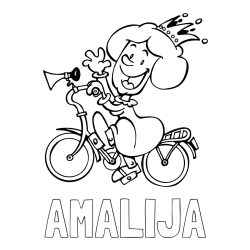 Online izdelana pobarvanka - Pobarvanka imena AMALIJA in pobarvanka nasmejane kraljične na kolesu
