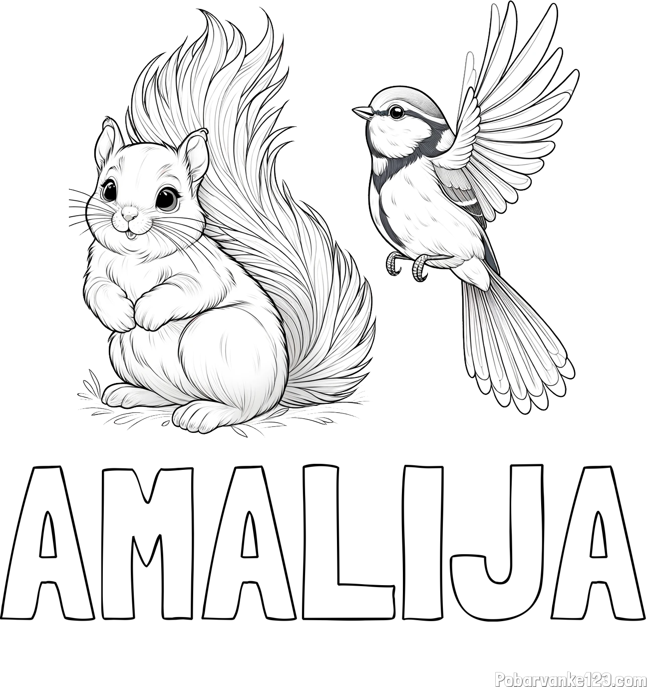 Pobarvanka imena AMALIJA in pobarvanka veverice in ptičke