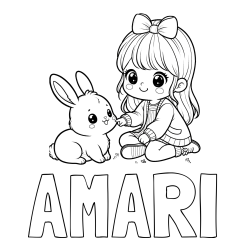 Online izdelana pobarvanka - Pobarvanka imena AMARI in pobarvanka ljubke punčke, ki se igra z zajčkom