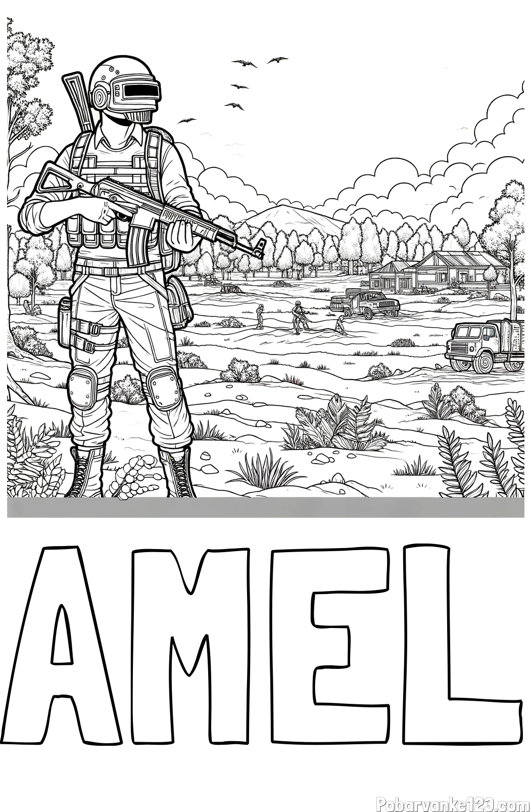 Pobarvanka imena AMEL in PUBG pobarvanka z glavnim likom v ospredju