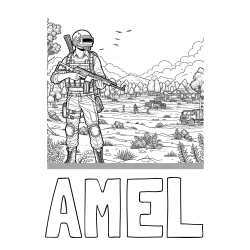 Online izdelana pobarvanka - Pobarvanka imena AMEL in PUBG pobarvanka z glavnim likom v ospredju