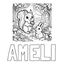 Online izdelana pobarvanka - Pobarvanka imena AMELI in pobarvanka veveričke in zajčka v gozdu