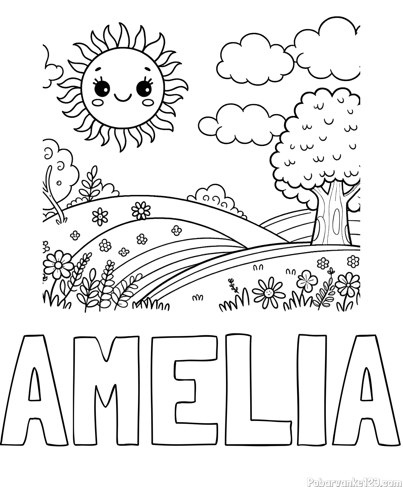 Pobarvanka imena AMELIA in otroška pobarvanka narave