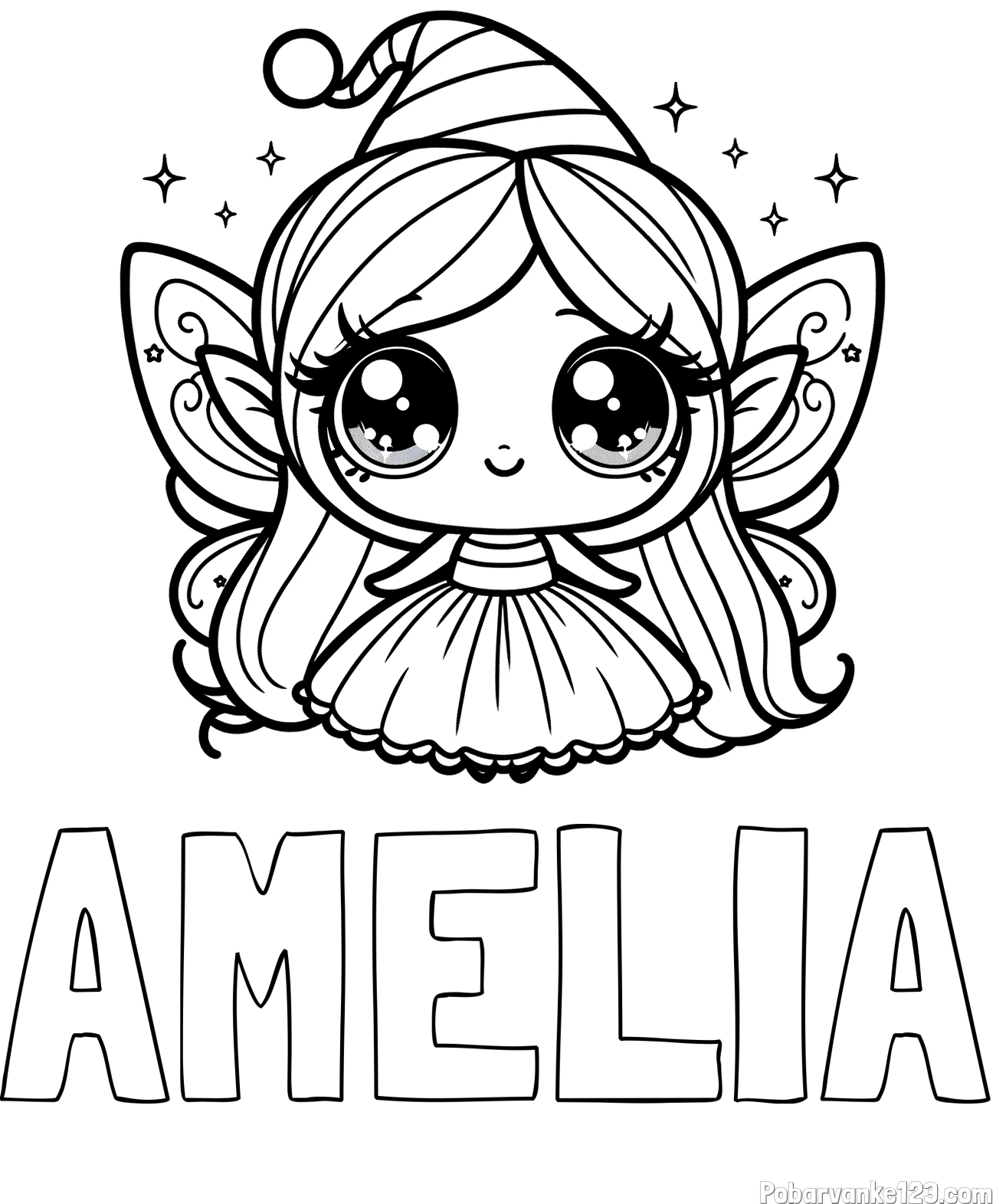 Pobarvanka imena AMELIA in pobarvanka ljubke čarobne vile z velikimi očmi