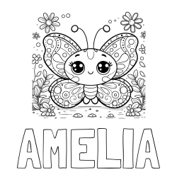Online izdelana pobarvanka - Pobarvanka imena AMELIA in pobarvanka ljubkega metuljčka