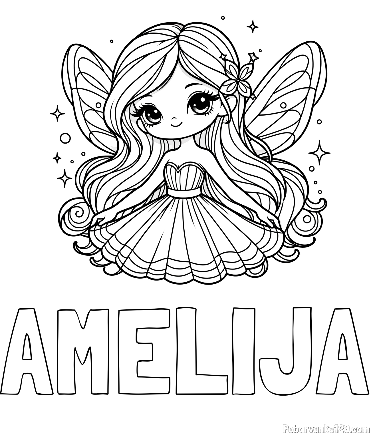 Pobarvanka imena AMELIJA in pobarvanka ljubke in nasmejane čarobne vile