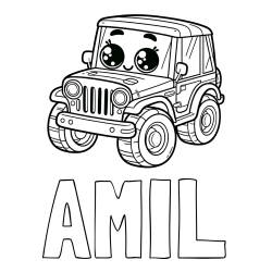 Online izdelana pobarvanka - Pobarvanka imena AMIL in otroška pobarvanka nasmejanega jeep-a