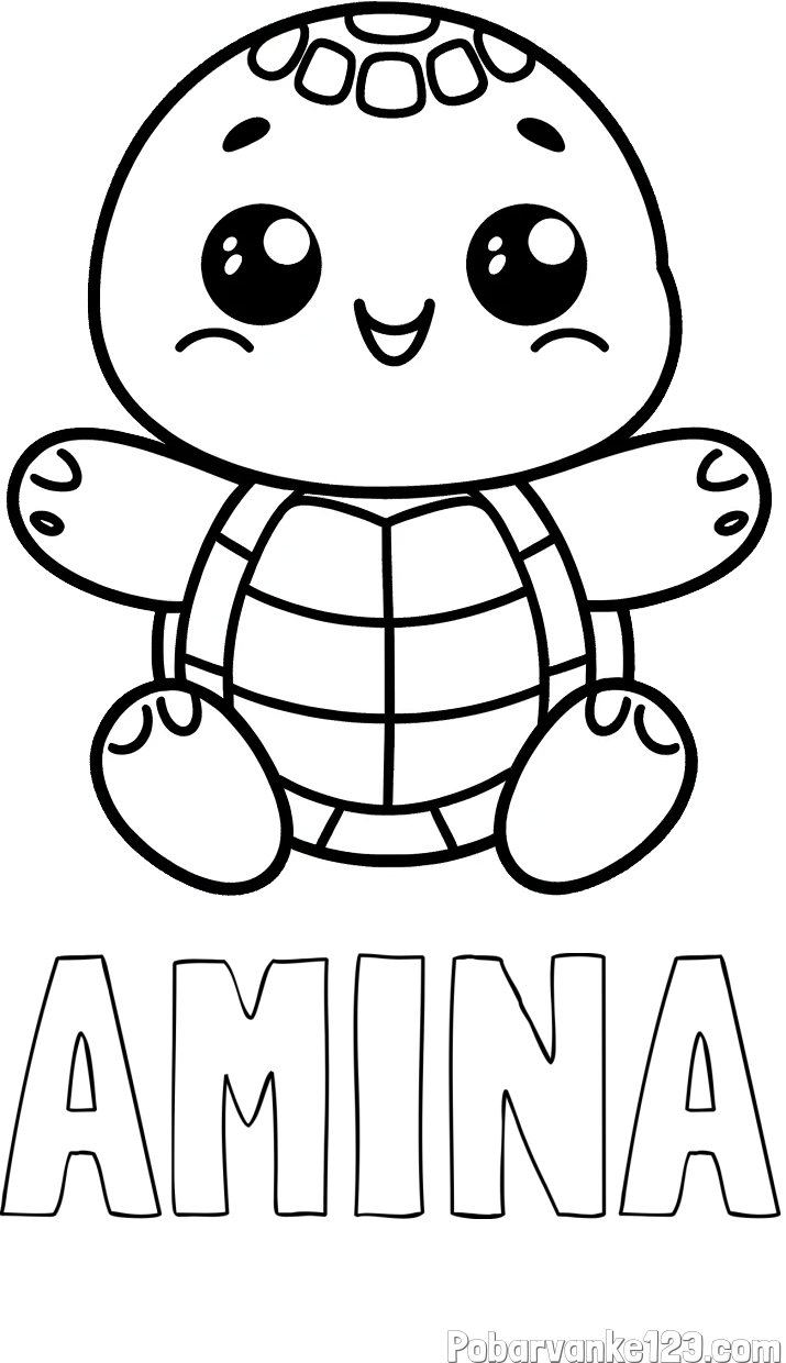 Pobarvanka imena AMINA in otroška pobarvanka ljubke in nasmejane želvice