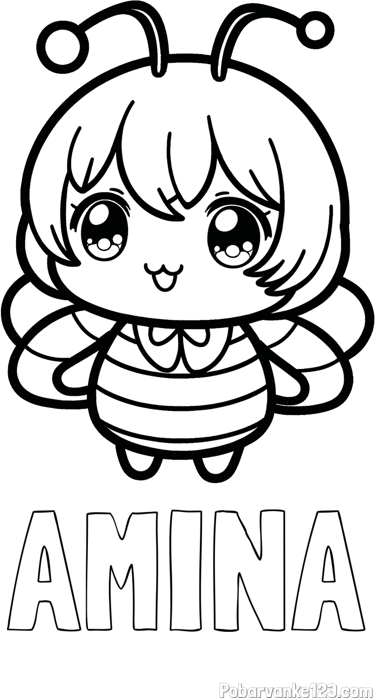 Pobarvanka imena AMINA in pobarvanka čebelice v stilu anime