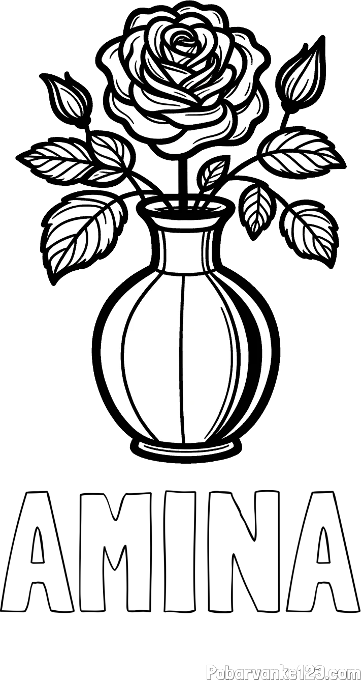 Pobarvanka imena AMINA in pobarvanka čudovite vrtnice v vazi
