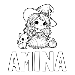 Online izdelana pobarvanka - Pobarvanka imena AMINA in pobarvanka ljubke čarovnice, muce in buče