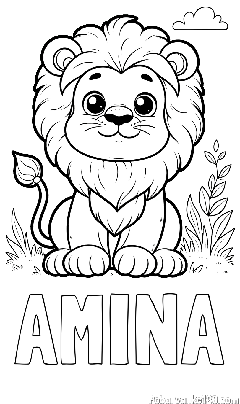 Pobarvanka imena AMINA in pobarvanka ljubkega leva
