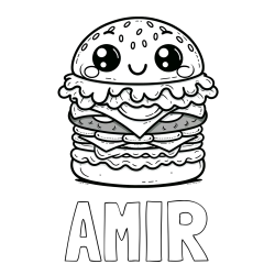 Online izdelana pobarvanka - Pobarvanka imena AMIR in otroška pobarvanka nasmejanega hamburgerja