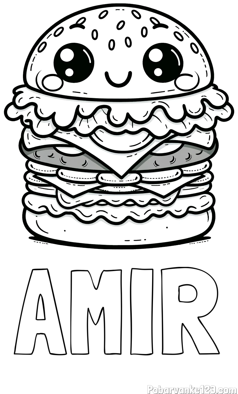 Pobarvanka imena AMIR in otroška pobarvanka nasmejanega hamburgerja
