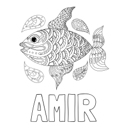 Online izdelana pobarvanka - Pobarvanka imena AMIR in pobarvanka pisane ribe