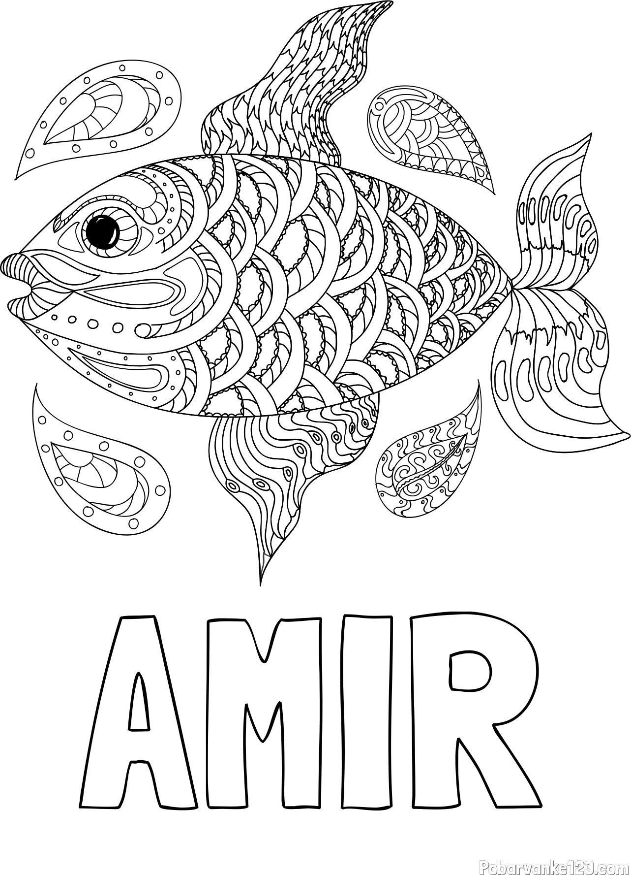 Pobarvanka imena AMIR in pobarvanka pisane ribe