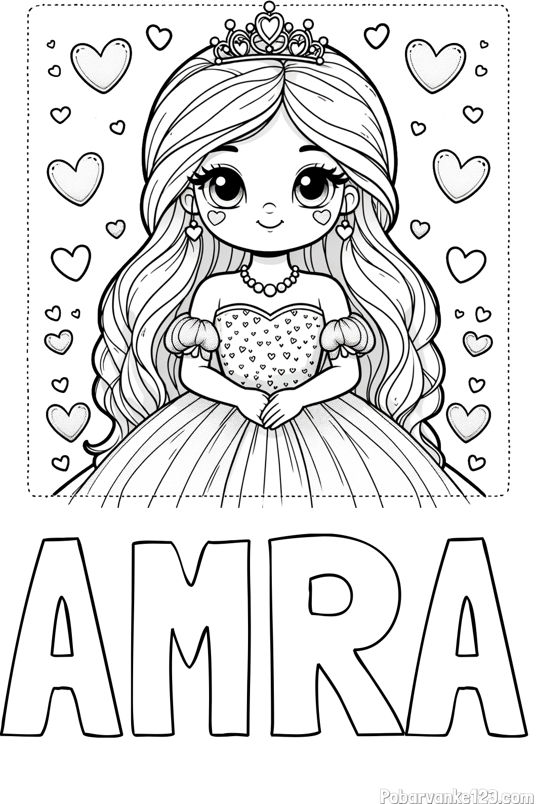 Pobarvanka imena AMRA in pobarvanka ljubke princese obdane s srčki